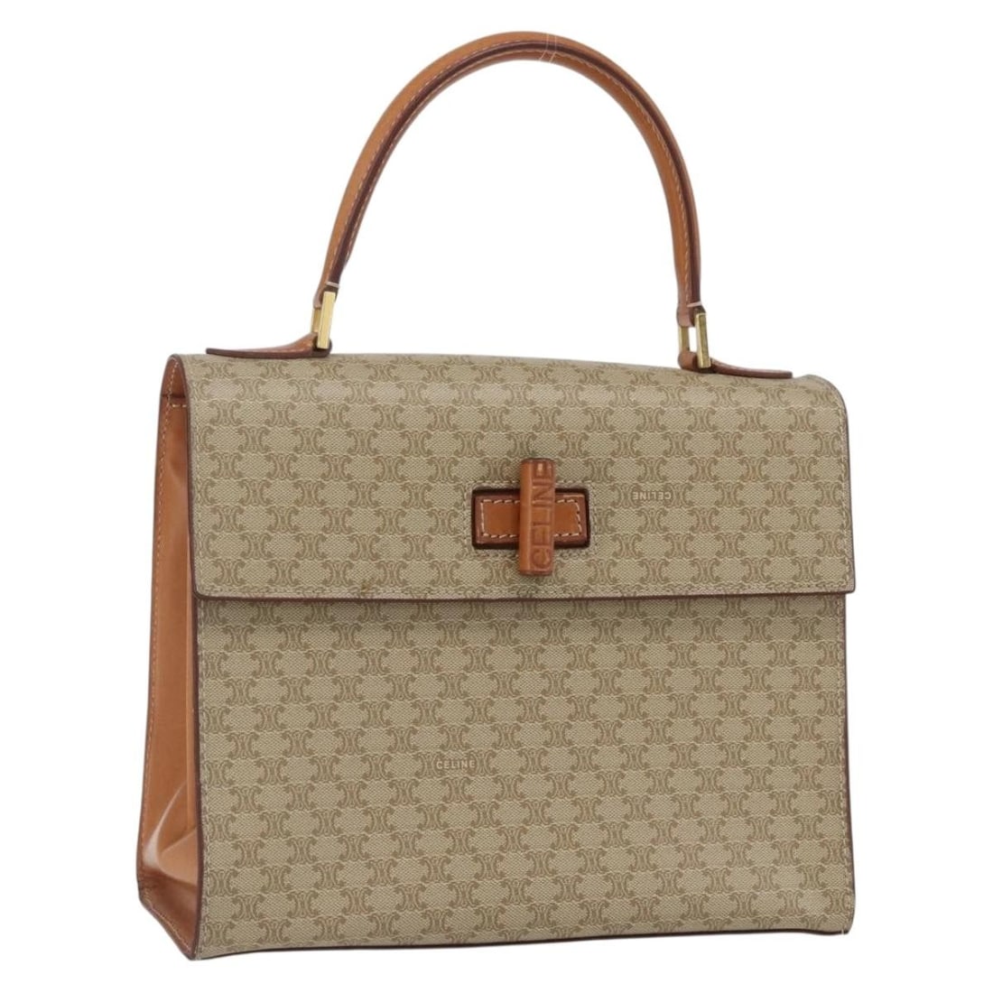 CELINE Macadam Canvas PVC Leather Handbag Beige Gold: CELINE Macadam Canvas PVC Leather Handbag Beige Gold A CELINE Macadam canvas handbag in beige and gold, made in Italy. The bag is constructed from PVC leather and Macadam canvas, and it comes with the