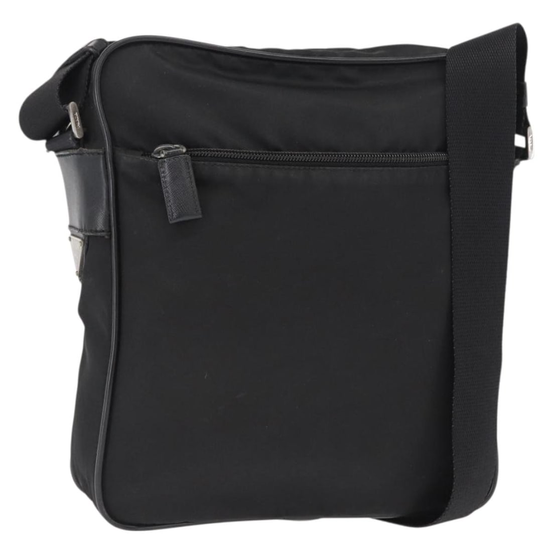 Prada Black Nylon Shoulder Bag with Silver Accents Made in Italy: Prada Black Nylon Shoulder Bag with Silver Accents Made in Italy This PRADA shoulder bag is crafted from black nylon with silver-tone accents. Made in Italy, it features an adjustable shoulder strap a