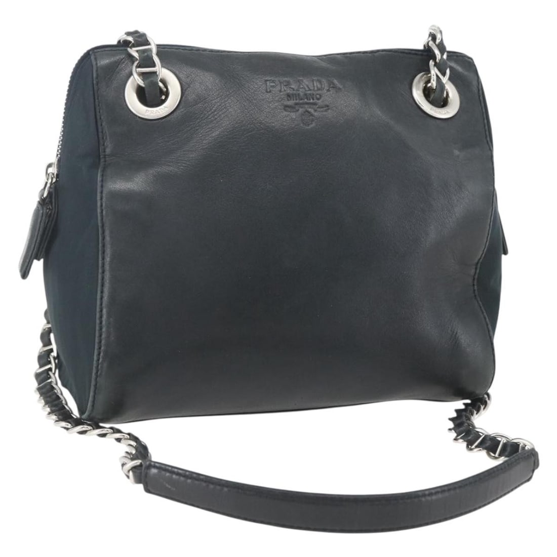 PRADA Navy Leather Chain Strap Shoulder Bag Silver Tone: PRADA Navy Leather Chain Strap Shoulder Bag Silver Tone Prada chain shoulder bag in navy and silver leather, made in Italy. This shoulder bag is heavily used and shows visible wear, including loss of 