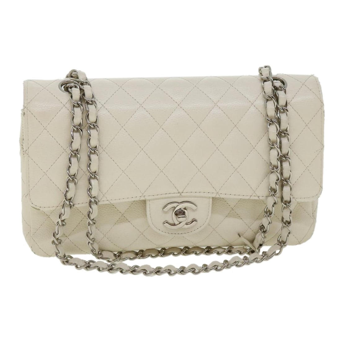 White Caviar Leather Shoulder Bag CHANEL Double Flap Matelasse CC: White Caviar Leather Shoulder Bag CHANEL Double Flap Matelasse CC CHANEL Matelasse Double Flap chain shoulder bag in white grained calf skin with a classic quilted design and CC accent. Made in France