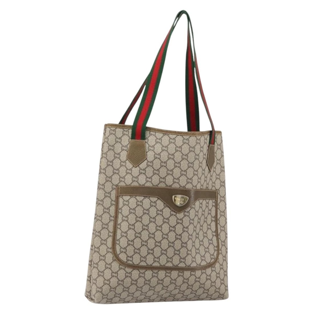 Beige and Gold GG Supreme Web Tote by Gucci PVC Canvas: Beige and Gold GG Supreme Web Tote by Gucci PVC Canvas This is a Gucci GG Plus Supreme Web Sherry Line tote bag crafted from beige and gold PVC leather with GG canvas detailing. The bag features dual 