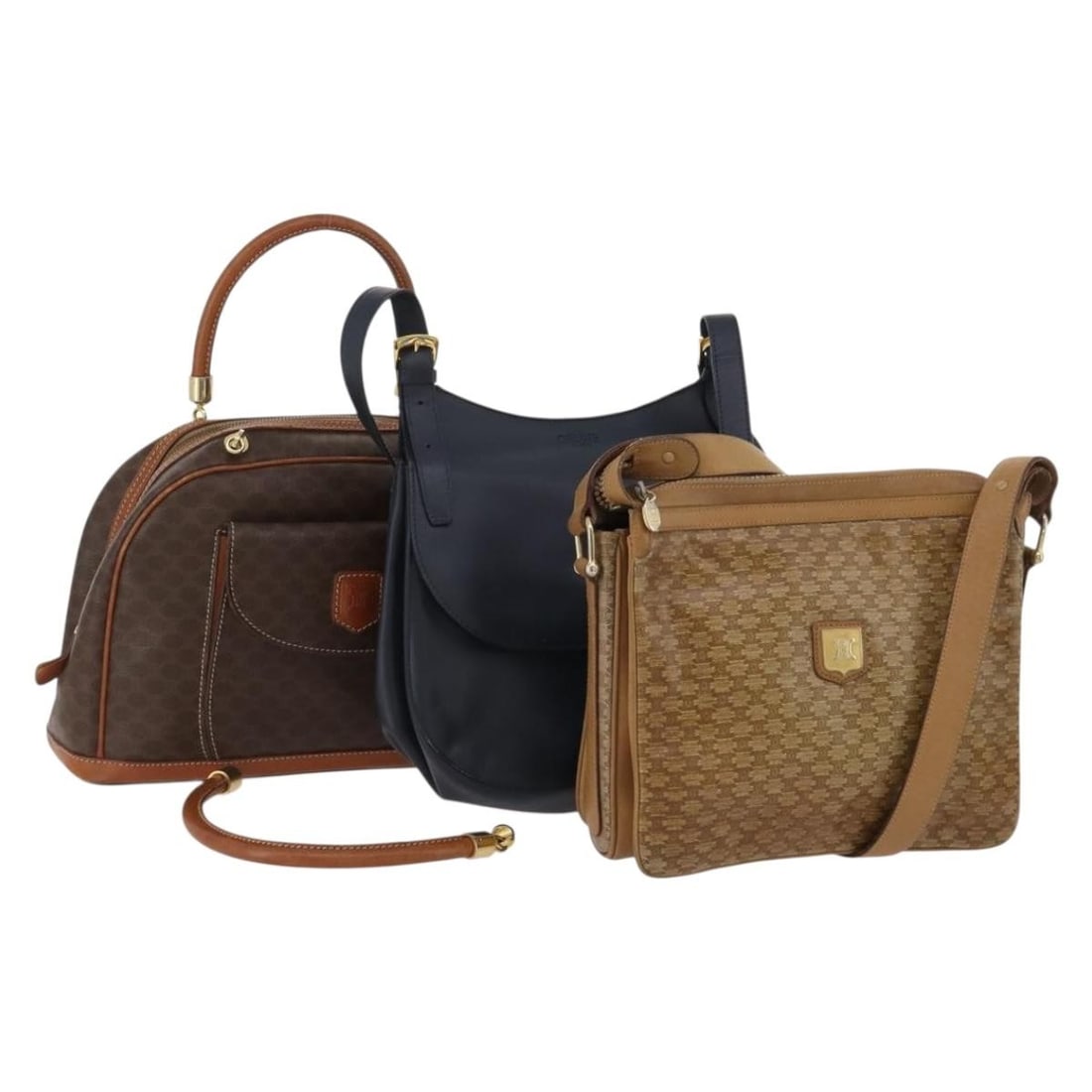 Set of 3 Celine Macadam Canvas PVC Leather Clutch Bags Brown Beige Navy: Set of 3 Celine Macadam Canvas PVC Leather Clutch Bags Brown Beige Navy This is a set of three authentic CELINE clutch bags crafted from Macadam canvas and PVC leather in brown, beige, and navy tones.