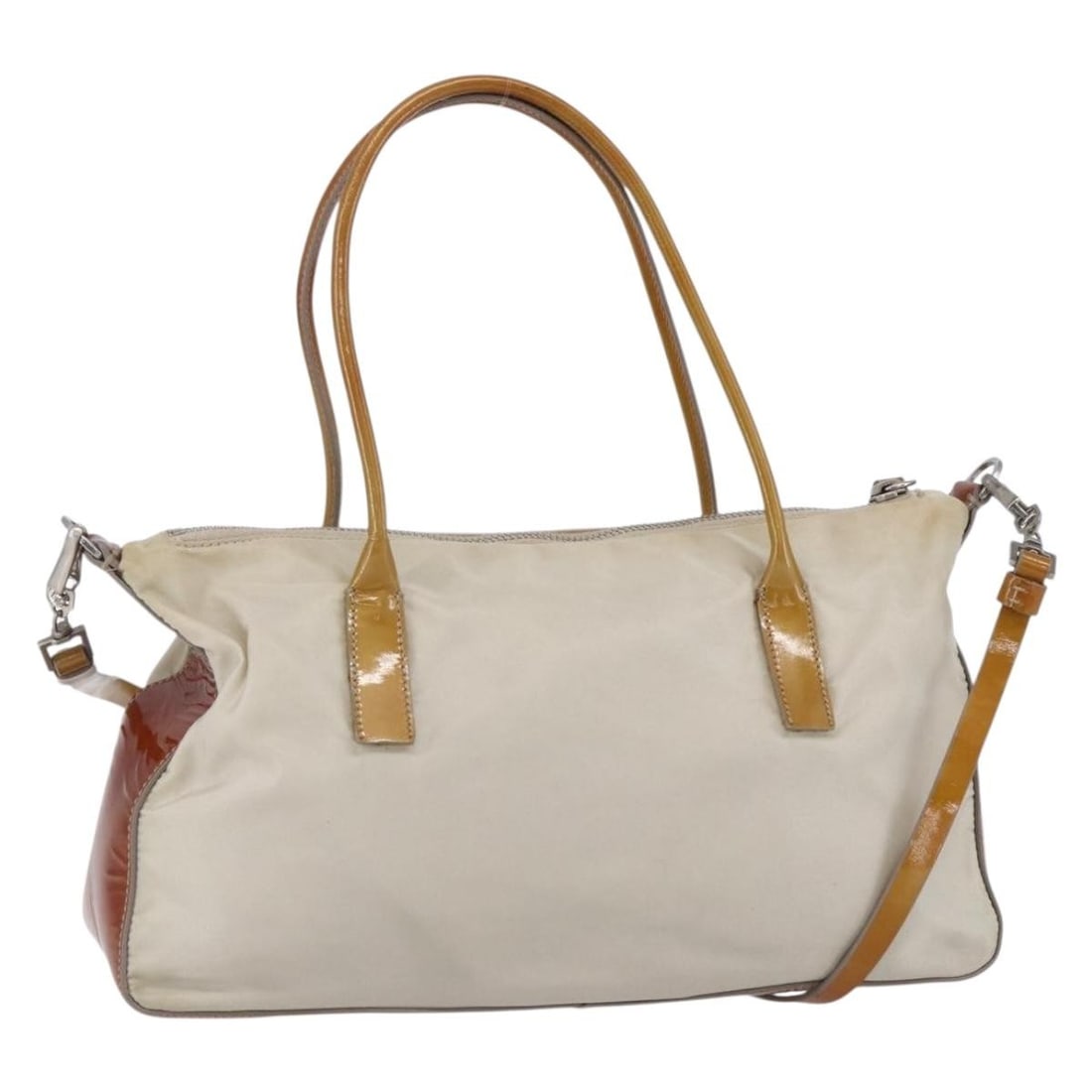 PRADA Nylon Enamel Hand Bag White Silver 2way Authentic 152256: PRADA Nylon Enamel Hand Bag White Silver 2way Authentic 152256 This PRADA Hand Bag combines elegance and functionality, crafted from premium leather in a striking white and silver color scheme. Made i