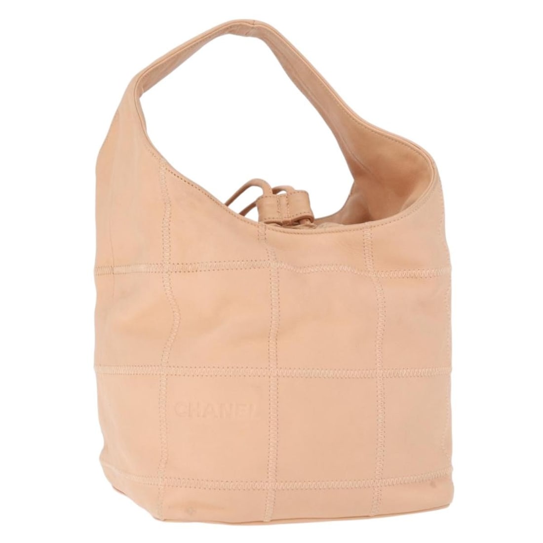 Beige Chanel Leather Choco Bar Handbag with Guarantee Card: Beige Chanel Leather Choco Bar Handbag with Guarantee Card This CHANEL Choco Bar handbag is crafted from beige leather and designed for women. Made in Italy, it features a compact, boxy silhouette wit