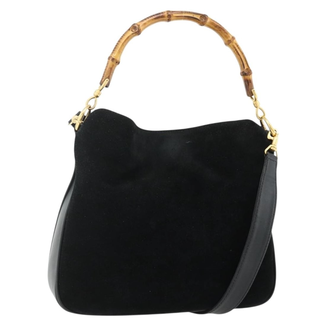 Gucci Bamboo suede black gold shoulder bag with strap: Gucci Bamboo suede black gold shoulder bag with strap This GUCCI Bamboo Shoulder Bag features a versatile 2-way design crafted from black suede with gold-tone accents. Made in Italy, the bag includes 