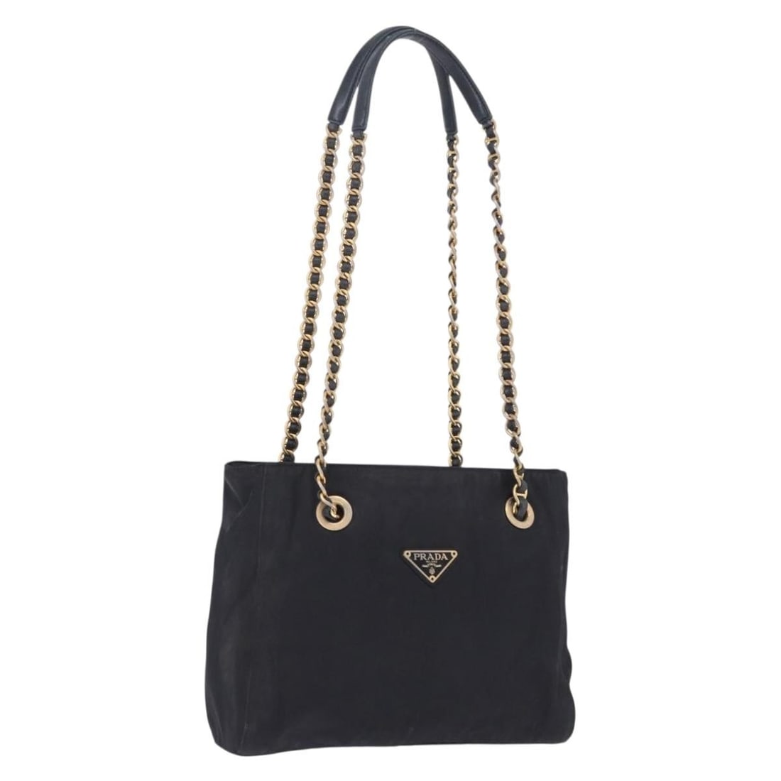 PRADA Nylon Tote Bag Black with Gold Chain Strap: PRADA Nylon Tote Bag Black with Gold Chain Strap Prada chain shoulder tote bag in black/gold nylon, made in Italy. This women's tote bag comes with a guarantee card and has a structured size of approx
