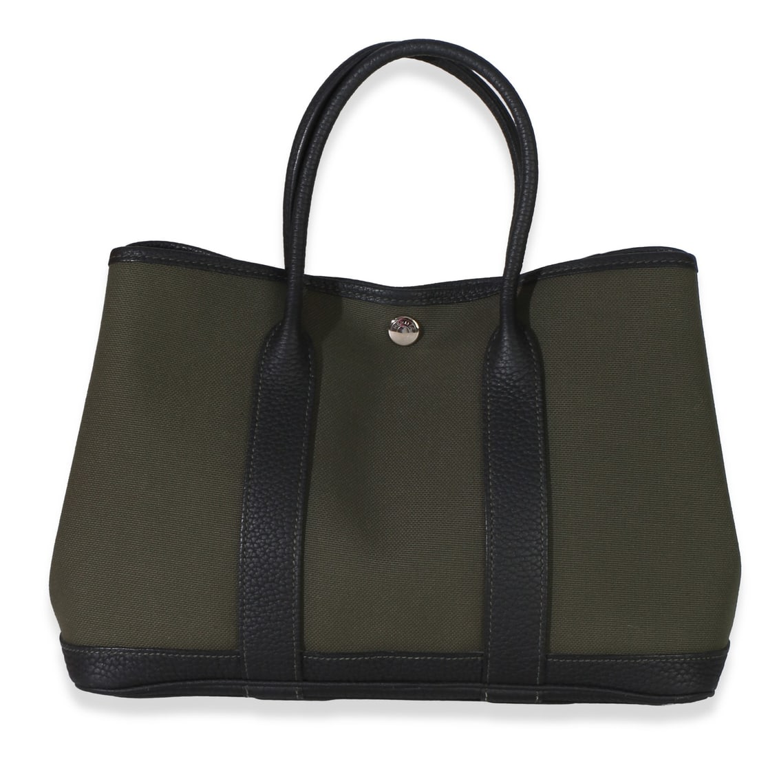Hermes Garden Party 30 Vert De Gris Canvas Top Handle Bag: Hermes Garden Party 30 Vert De Gris Canvas Top Handle Bag This Hermes Garden Party 30 handbag features Vert De Gris canvas with silver-tone hardware. Designed in a top handle style, it offers a spacio