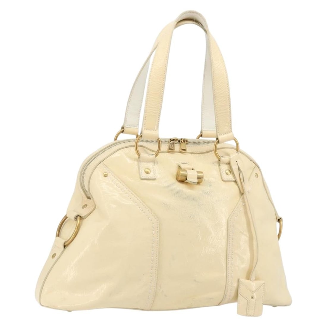 SAINT LAURENT Muse Toe Patent Leather Handbag Ivory Gold 156464: SAINT LAURENT Muse Toe Patent Leather Handbag Ivory Gold 156464 Saint Laurent Muse Toe handbag in patent leather with an ivory and gold exterior. Made in Italy, this women's handbag features a handle 
