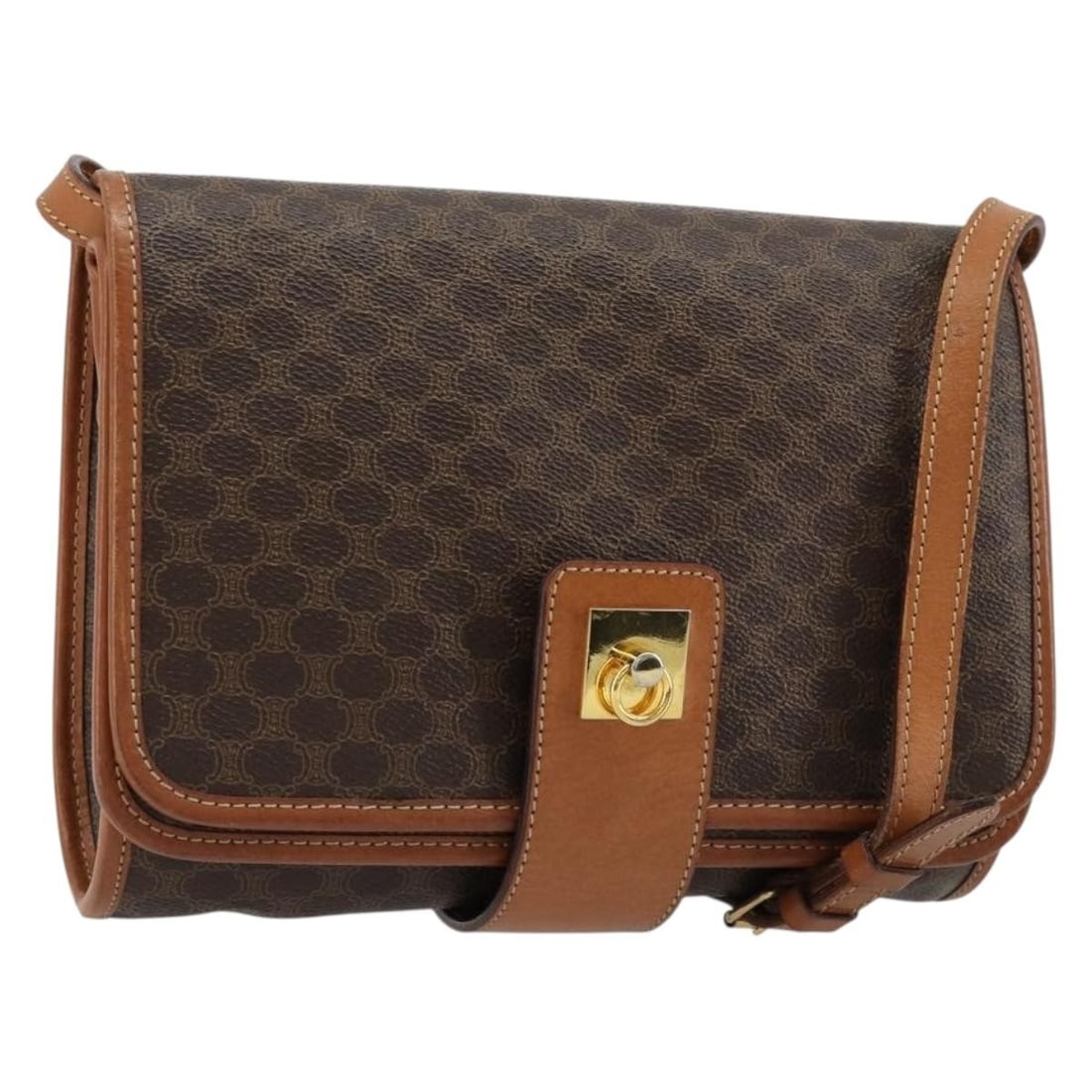 CELINE Macadam Brown PVC Leather Shoulder Bag Gold Tone: CELINE Macadam Brown PVC Leather Shoulder Bag Gold Tone A CELINE shoulder bag in brown and gold, crafted from PVC leather and Macadam canvas. It measures approximately W23 cm x H17 cm x D6 cm, with a 