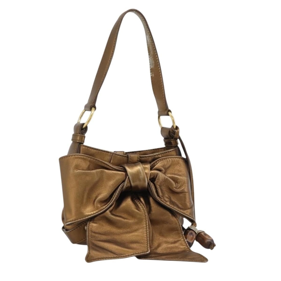 SAINT LAURENT Leather Shoulder Bag Bronze Gold Charm Italy: SAINT LAURENT Leather Shoulder Bag Bronze Gold Charm Italy Saint Laurent shoulder bag in leather with a bronze and gold color finish. It comes with a charm accessory and was made in Italy. The bag mea