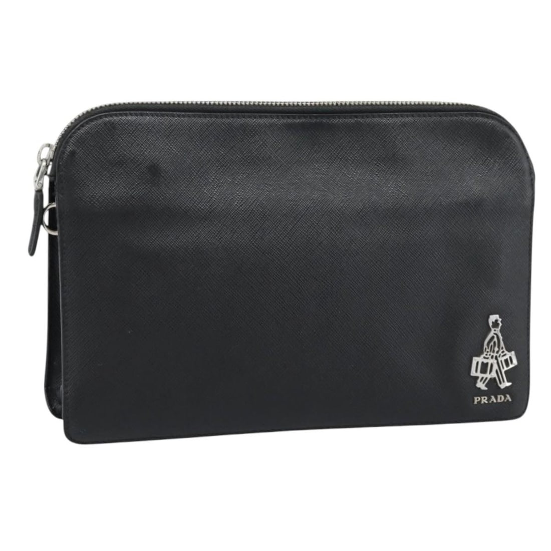 PRADA Black Leather Clutch Bag Silver Tone Italy: PRADA Black Leather Clutch Bag Silver Tone Italy PRADA clutch bag in black and silver leather, made in Italy. This women's clutch measures approximately 26 cm W x 18 cm H x 3 cm D (10.2 x 7.1 x 1.2 in