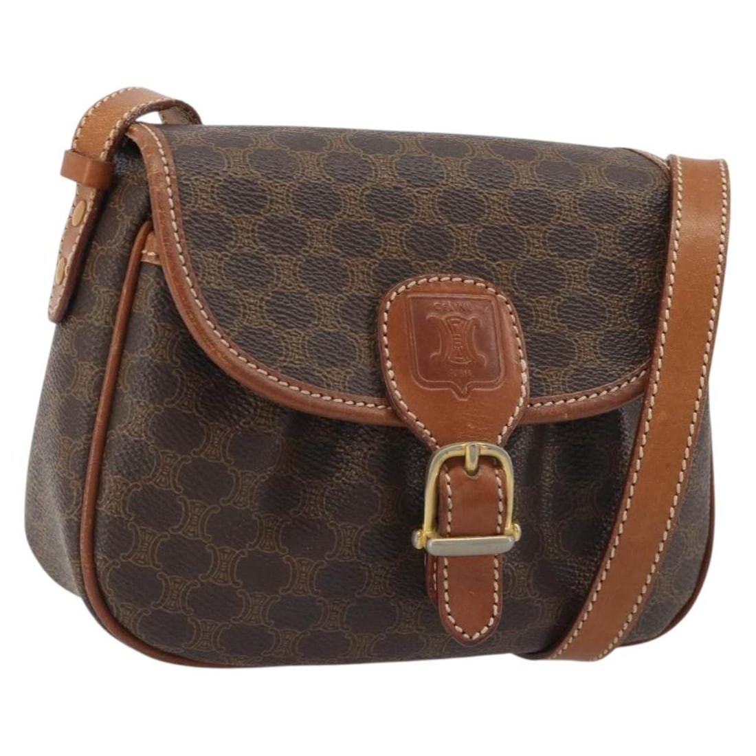 CELINE Macadam Shoulder Bag Brown PVC Leather Gold Tone: CELINE Macadam Shoulder Bag Brown PVC Leather Gold Tone Celine Macadam canvas shoulder bag in brown and gold, made from PVC leather and Macadam canvas. It features a shoulder strap and was made in Ita
