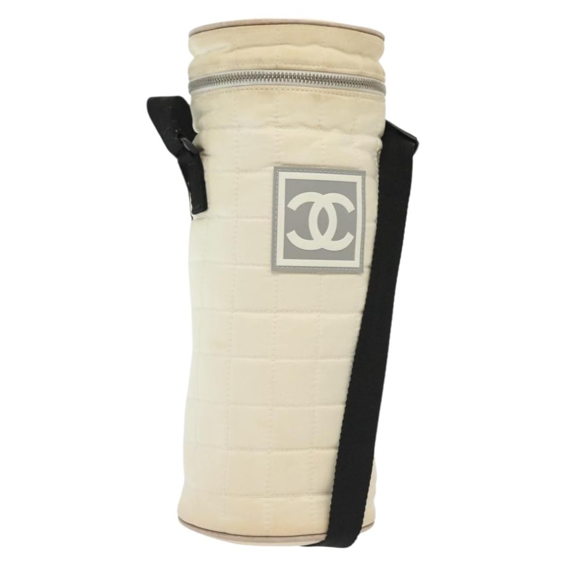 CHANEL CC Nylon Shoulder Bag Sports Bottle Holder White Silver: CHANEL CC Nylon Shoulder Bag Sports Bottle Holder White Silver This CHANEL shoulder bag is made of nylon in a white and silver colorway. It features a bottle holder bag design, was made in France, and