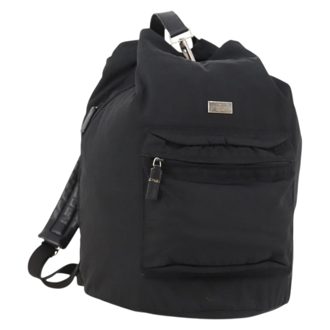 Gucci 019 0585 Black Nylon Backpack Silver Tone Hardware: Gucci 019 0585 Black Nylon Backpack Silver Tone Hardware Black Gucci nylon backpack with silver-tone hardware, made in Italy. The bag measures approximately W30 cm x H75 cm x D30 cm (W11.8 x H29.5 x D