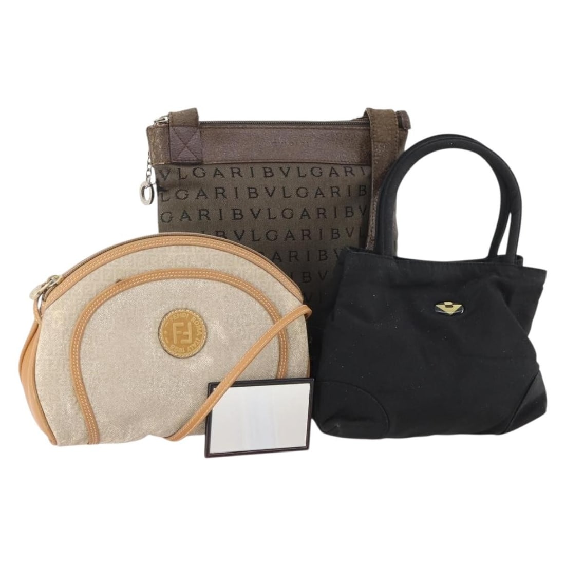 3 Bag Shoulder Set Bottega Veneta Coated Canvas Brown Beige Black: 3 Bag Shoulder Set Bottega Veneta Coated Canvas Brown Beige Black A brown, beige, and black shoulder bag made from coated canvas. This special bundle offer is described as a 3-set item and is in heavi