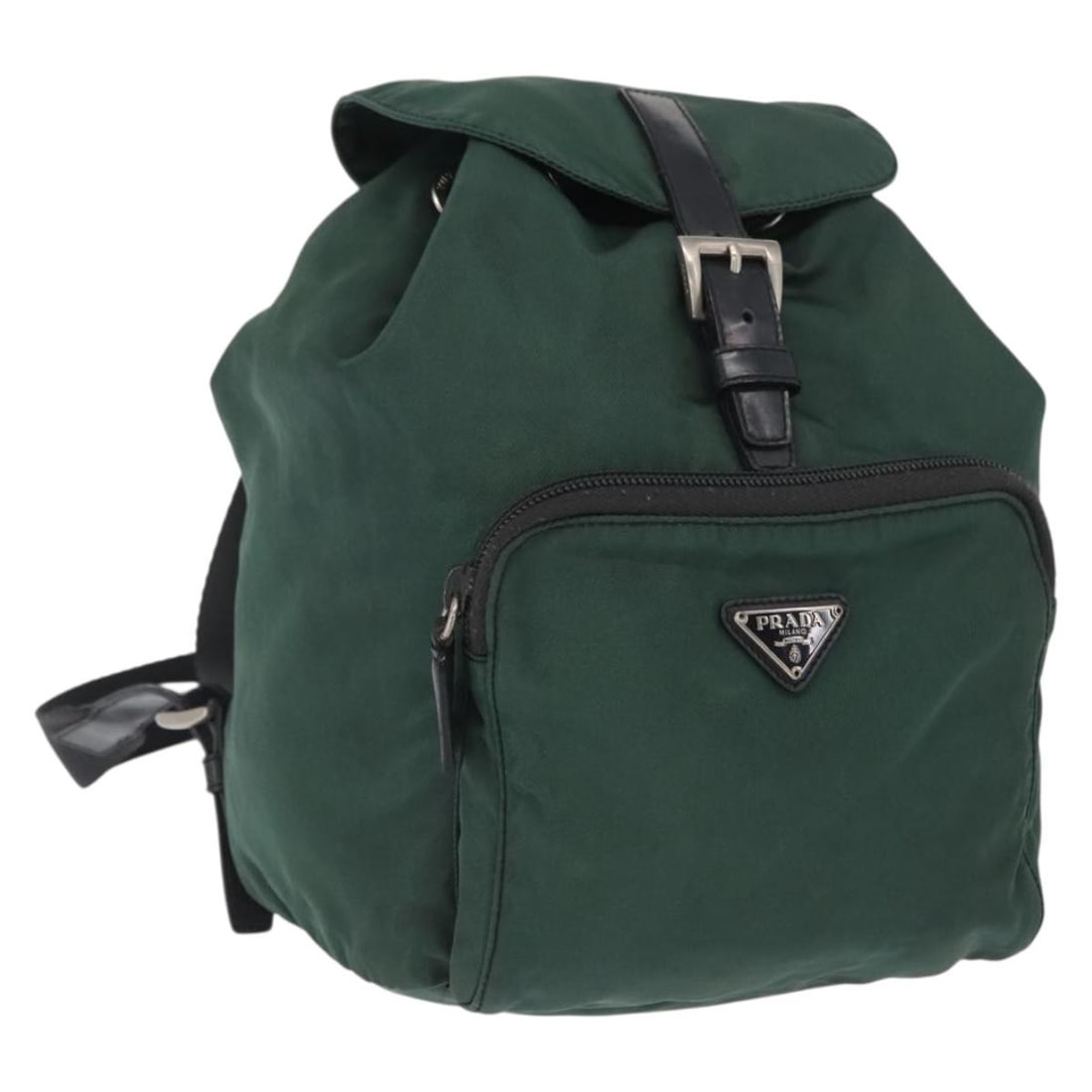 Green Nylon Prada Backpack with Silver Accents and Dust Bag: Green Nylon Prada Backpack with Silver Accents and Dust Bag This is an authentic PRADA backpack crafted from green nylon with silver-tone accents. The bag features a compact design and includes an acc
