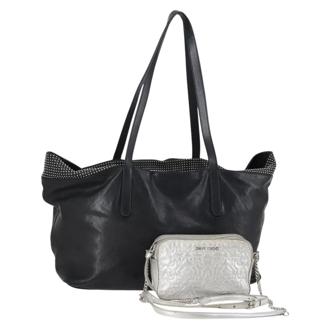 Jimmy Choo Black Silver Leather Shoulder Bag Set Auth BA7835: Jimmy Choo Black Silver Leather Shoulder Bag Set Auth BA7835 Discover the elegance of the Jimmy Choo Shoulder Bag, a stunning accessory that effortlessly combines luxury and practicality. Crafted from