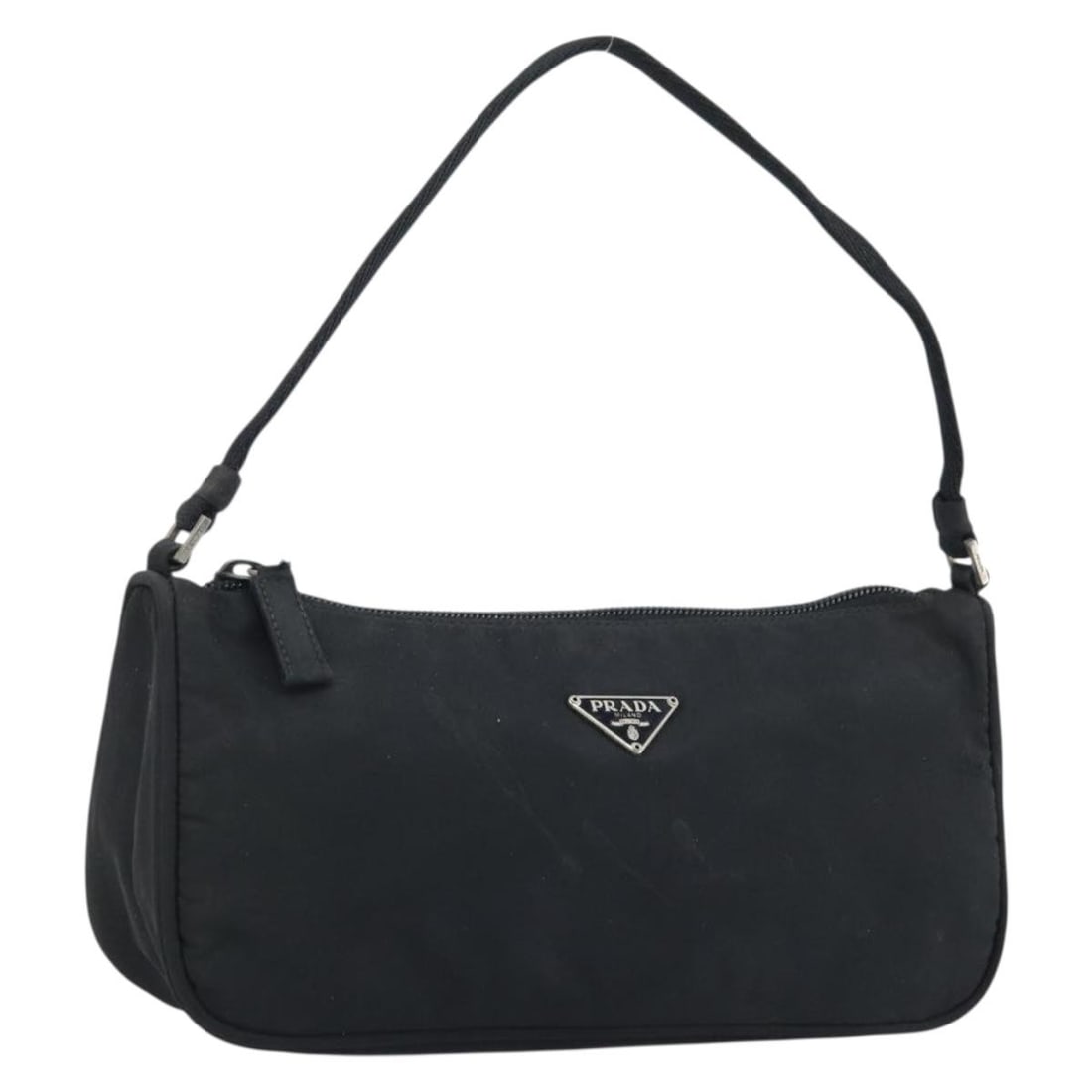 Prada nylon black silver accessory pouch Italy 9.1 x 4.7 x 2.8inch: Prada nylon black silver accessory pouch Italy 9.1 x 4.7 x 2.8inch This PRADA accessory pouch is crafted from black nylon with silver-tone accents. Designed for women, it features a compact structure 