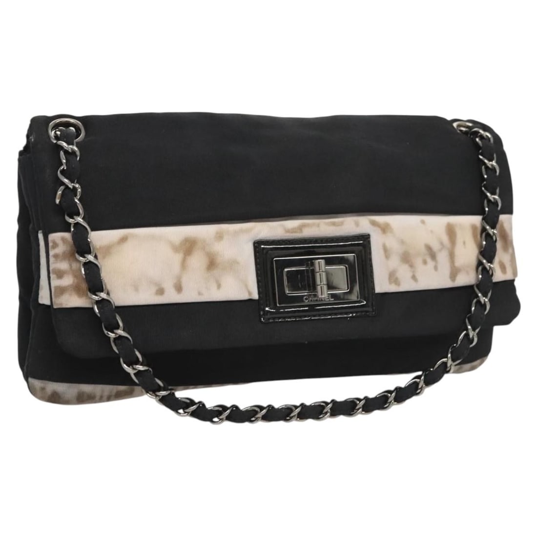 CHANEL Black Nylon Shoulder Bag Silver CC Italy: CHANEL Black Nylon Shoulder Bag Silver CC Italy This CHANEL shoulder bag features a black and silver color scheme and is crafted from nylon. Designed for women, it is made in Italy and includes a chai