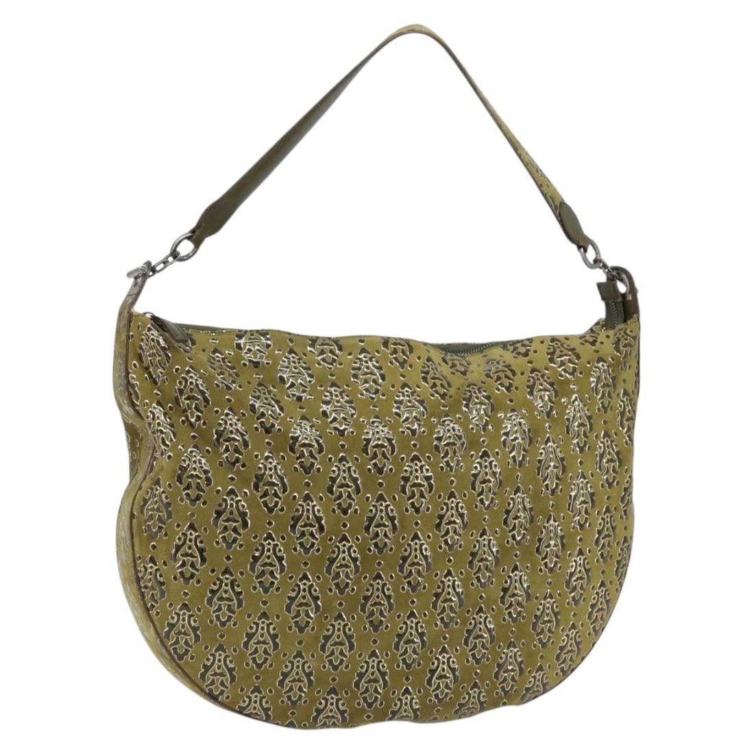 Salvatore Ferragamo Khaki Suede Shoulder Bag for Women Italy: Salvatore Ferragamo Khaki Suede Shoulder Bag for Women Italy This Salvatore Ferragamo shoulder bag features a khaki suede exterior and is crafted in Italy. Designed for women, the bag offers ample spa