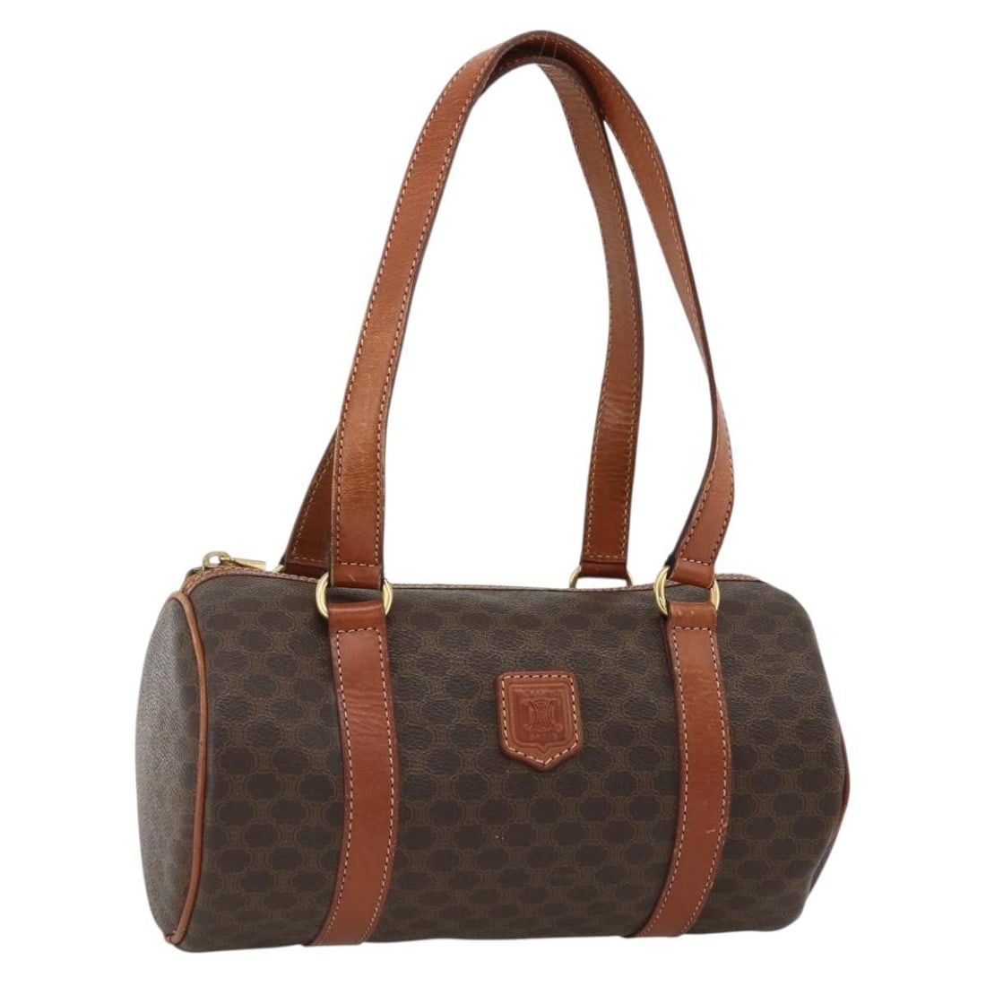 Celine Macadam Brown PVC Leather Handbag Gold Tone Hardware: Celine Macadam Brown PVC Leather Handbag Gold Tone Hardware A CELINE handbag in brown and gold, made from PVC leather and Macadam canvas. It features a structured hand bag style and was made in Italy.