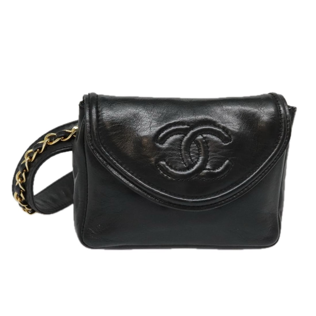 CHANEL CC Lamb Skin Waist Bag Black Gold Chain: CHANEL CC Lamb Skin Waist Bag Black Gold Chain A Chanel chain waist bag in black lamb skin with gold-tone accents, made in Italy. The bag is listed in heavily used condition with visible rubbing, shap