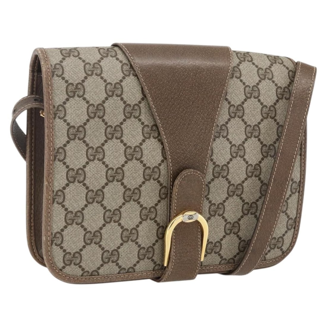 Beige GG Supreme PVC Leather Shoulder Bag by Gucci 93 02 023: Beige GG Supreme PVC Leather Shoulder Bag by Gucci 93 02 023 This GUCCI GG Supreme shoulder bag features a beige and gold color scheme with PVC leather and GG canvas exterior. The bag is designed with