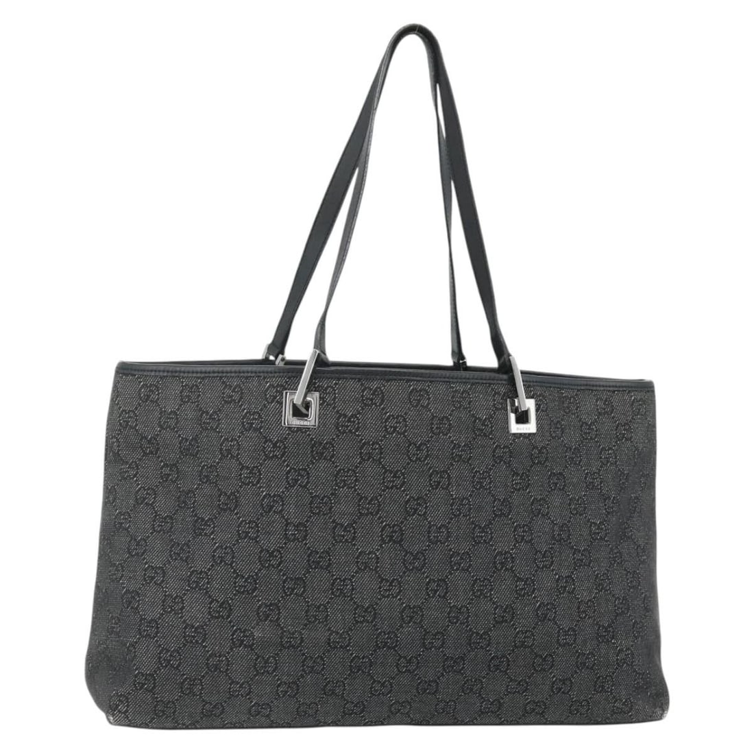GUCCI 36173 1705 GG Canvas Tote in Black Silver: GUCCI 36173 1705 GG Canvas Tote in Black Silver Gucci tote bag in GG Canvas with a black and silver colorway. Made in Italy, this women's style measures approximately 36 cm W x 22 cm H x 11.5 cm D. Th