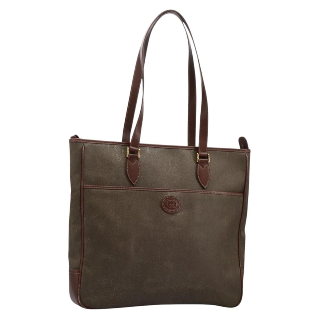GUCCI Canvas Khaki Women's Tote 002 39 0149 Italy: GUCCI Canvas Khaki Women's Tote 002 39 0149 Italy This GUCCI tote bag features a khaki canvas exterior and is designed for women. The bag is heavily used, showing signs of wear such as rubbing, out-of