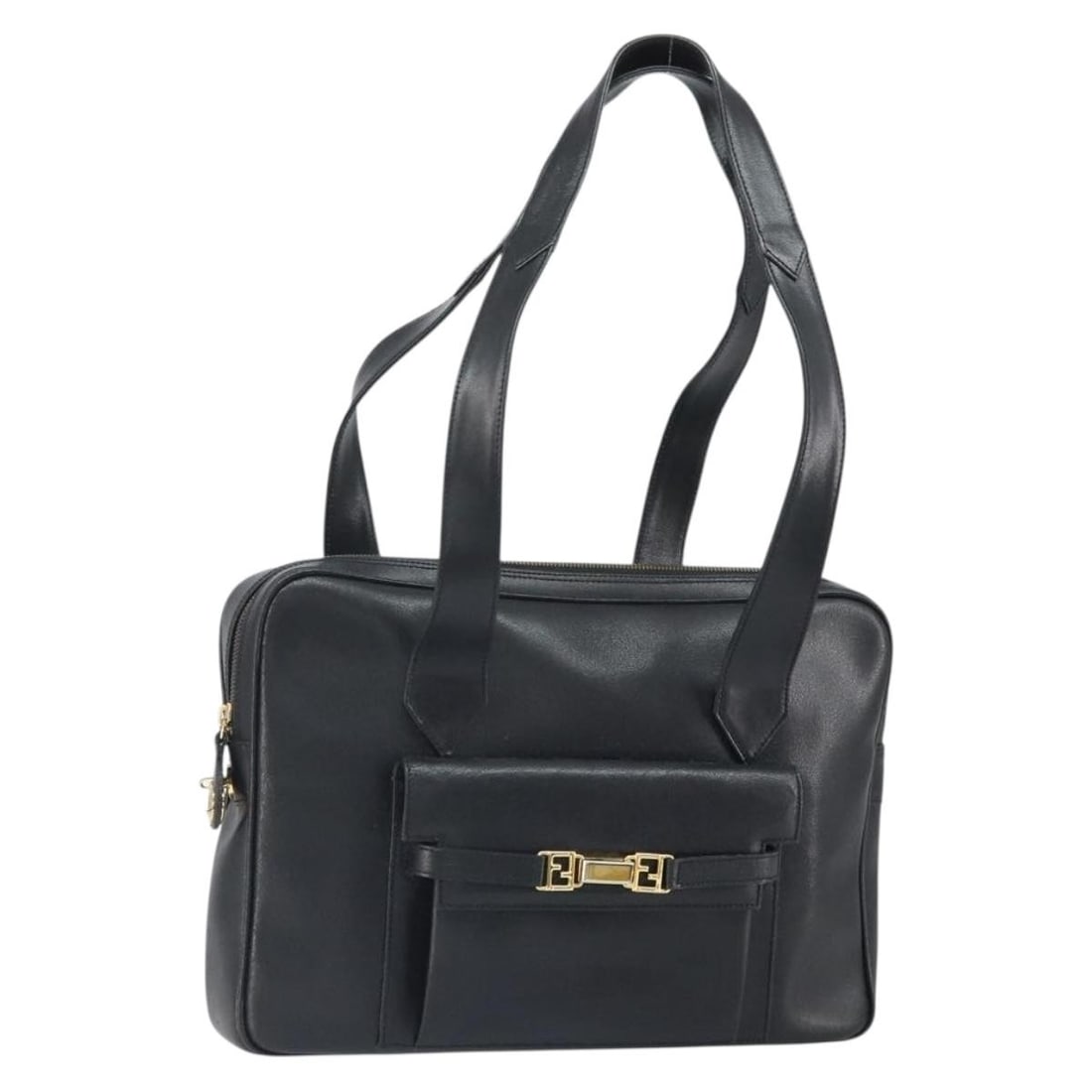 Black Leather Fendi Tote Bag with Gold Accents from Italy: Black Leather Fendi Tote Bag with Gold Accents from Italy This FENDI tote bag features black leather with gold accents and is crafted in Italy. The bag has a spacious interior and a practical design, 