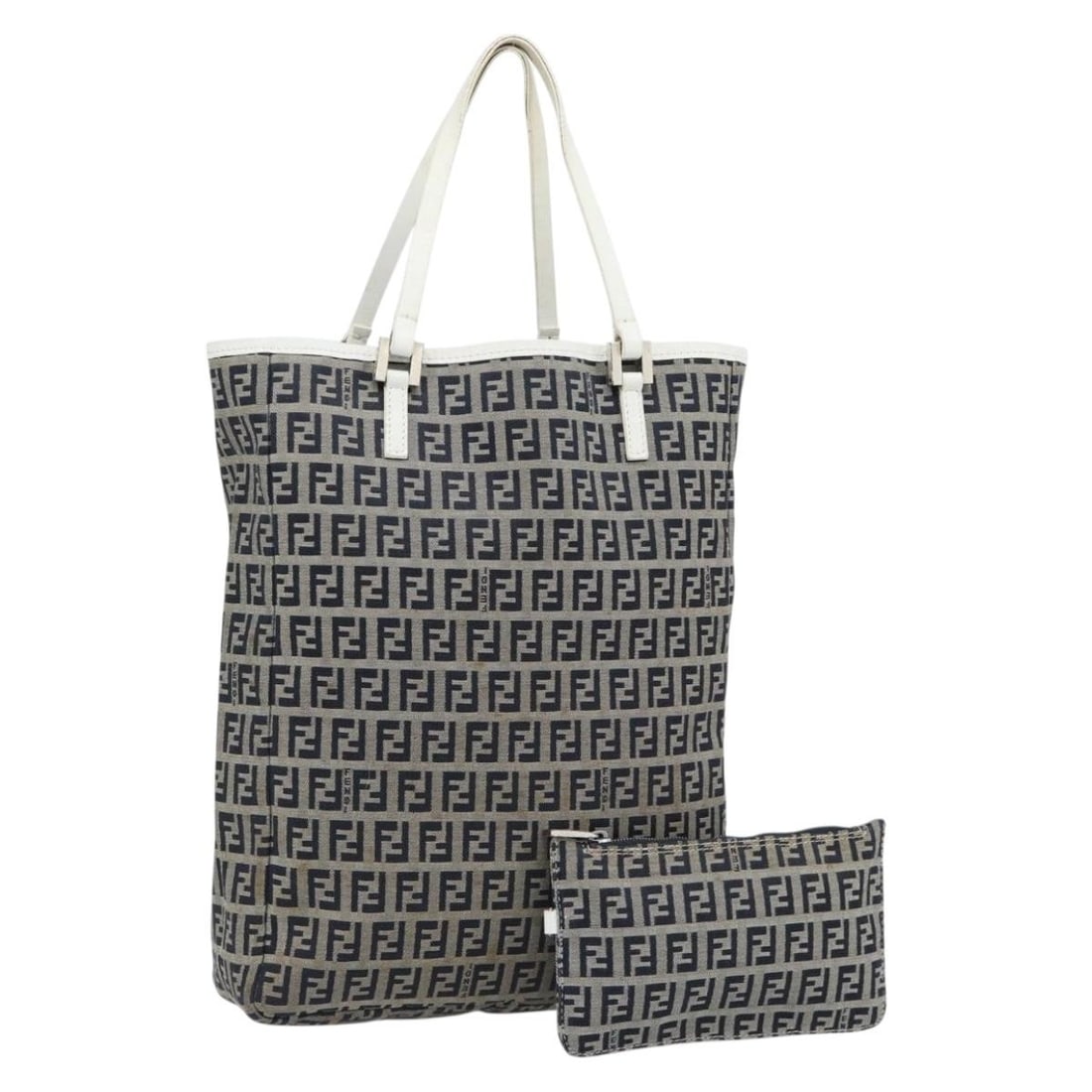 Fendi Zucchino Canvas Handbag Navy Silver with Pouch Italy: Fendi Zucchino Canvas Handbag Navy Silver with Pouch Italy Fendi Zucchino canvas hand bag in navy and silver, made in Italy. It comes with a pouch accessory and features a handle drop of approximately