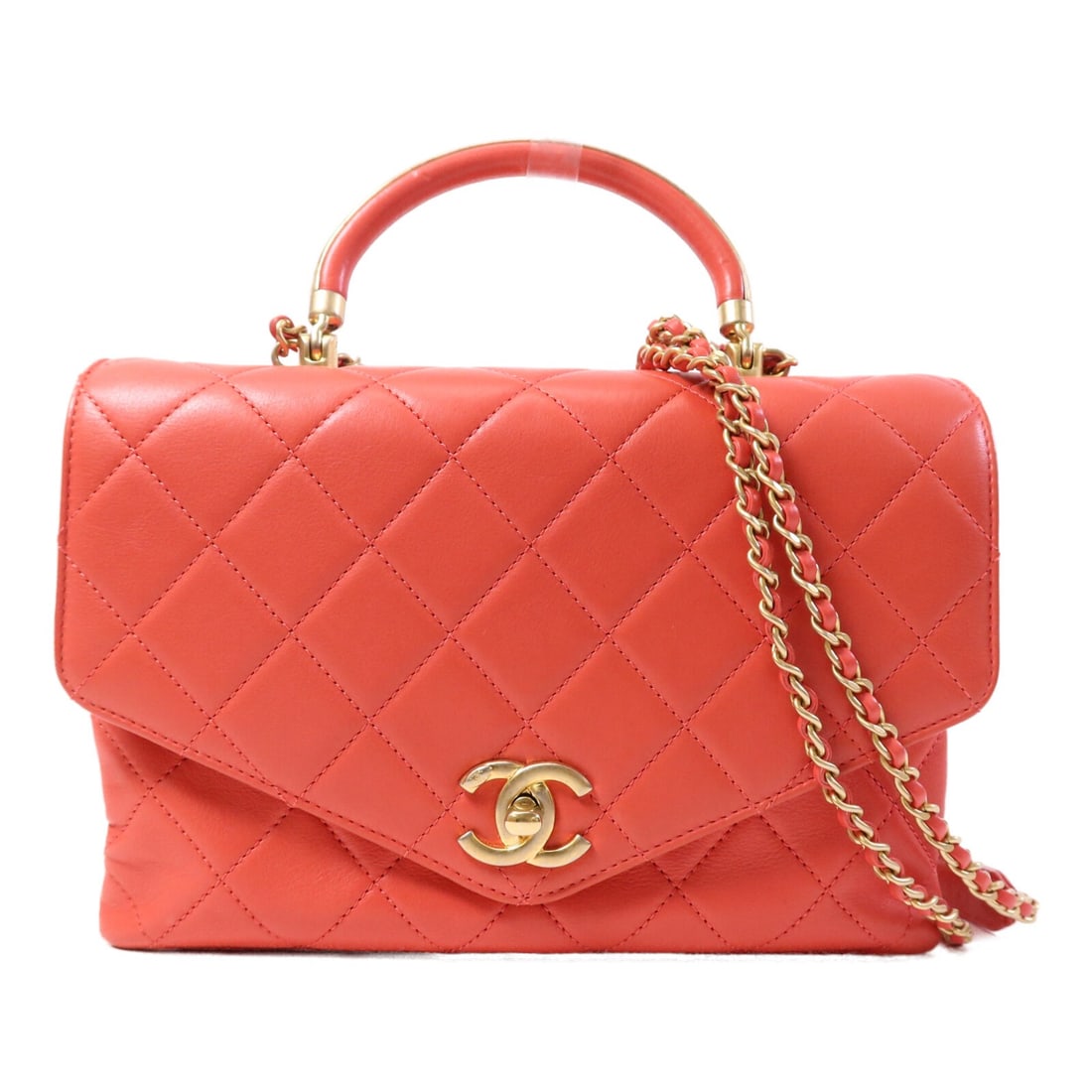 CHANEL CC Red Calfskin 2 Way Shoulder Bag: CHANEL CC Red Calfskin 2 Way Shoulder Bag A CHANEL 2-way shoulder bag in red calfskin leather with CC and gold-tone hardware. The bag features a turn-lock closure, one outside open pocket, one inside 