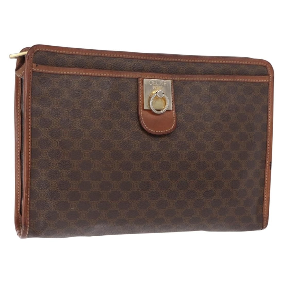 CELINE Macadam Canvas Clutch Bag PVC Leather Brown Gold Made in Italy: CELINE Macadam Canvas Clutch Bag PVC Leather Brown Gold Made in Italy This CELINE Macadam Canvas Clutch Bag is a stylish accessory crafted in Italy, featuring a combination of PVC leather and Macadam 