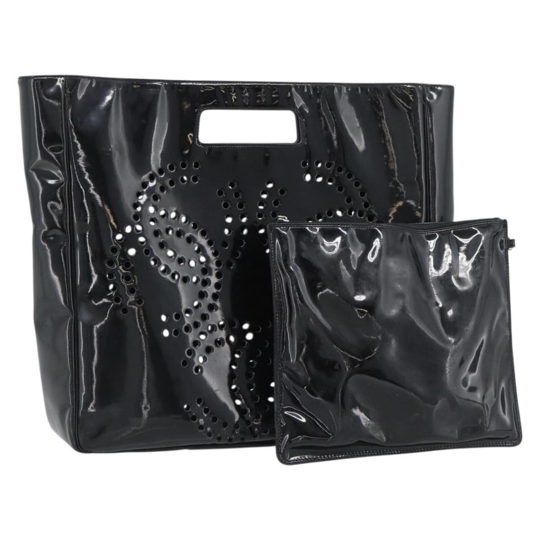 CHANEL patent leather handbag black with silver CC pouch: CHANEL patent leather handbag black with silver CC pouch CHANEL women's patent leather hand bag in black and silver, made in Italy. This heavily used bag includes a pouch and shows notable wear throug
