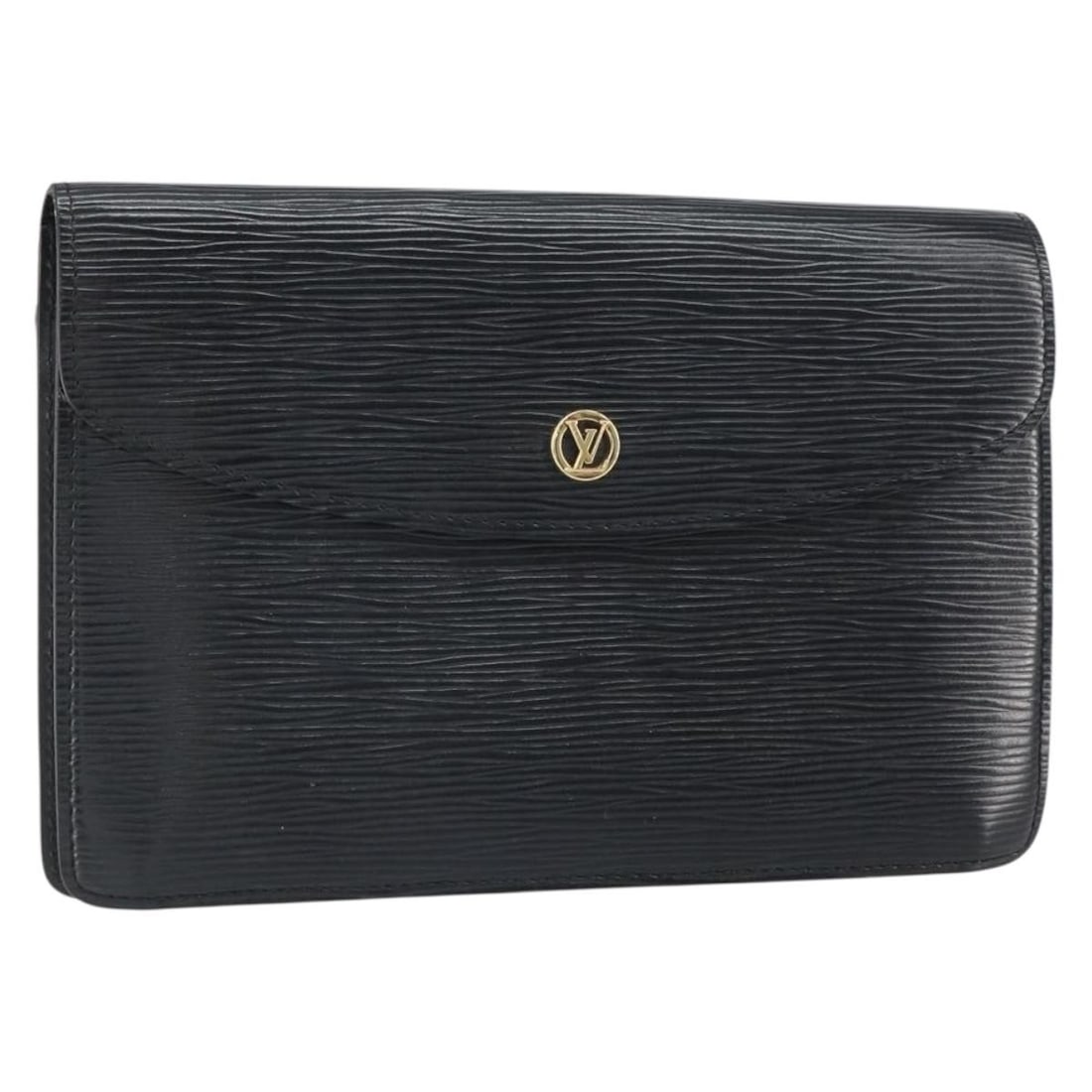 Black Epi Leather Montaigne 23 Clutch by Louis Vuitton M52662: Black Epi Leather Montaigne 23 Clutch by Louis Vuitton M52662 This is a Louis Vuitton Epi Montaigne 23 clutch bag in black, crafted from Epi leather. The bag features a button clasp closure and is mad