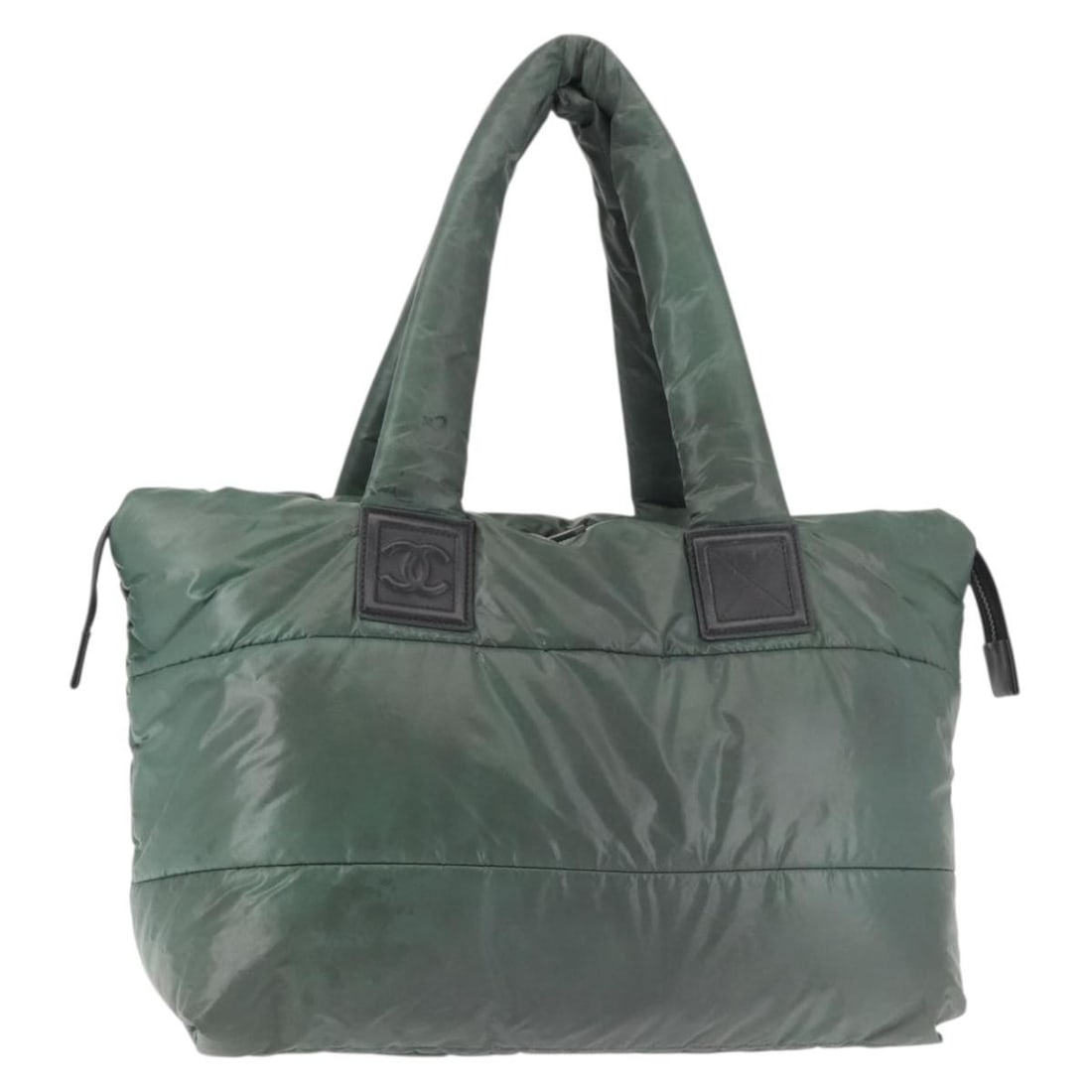 CHANEL Cococoon Khaki Nylon Tote with Silver CC: CHANEL Cococoon Khaki Nylon Tote with Silver CC CHANEL Cococoon Tote Bag in khaki and silver nylon. This tote bag is made in Italy and measures approximately 37 cm W x 30 cm H x 16 cm D, with a handle