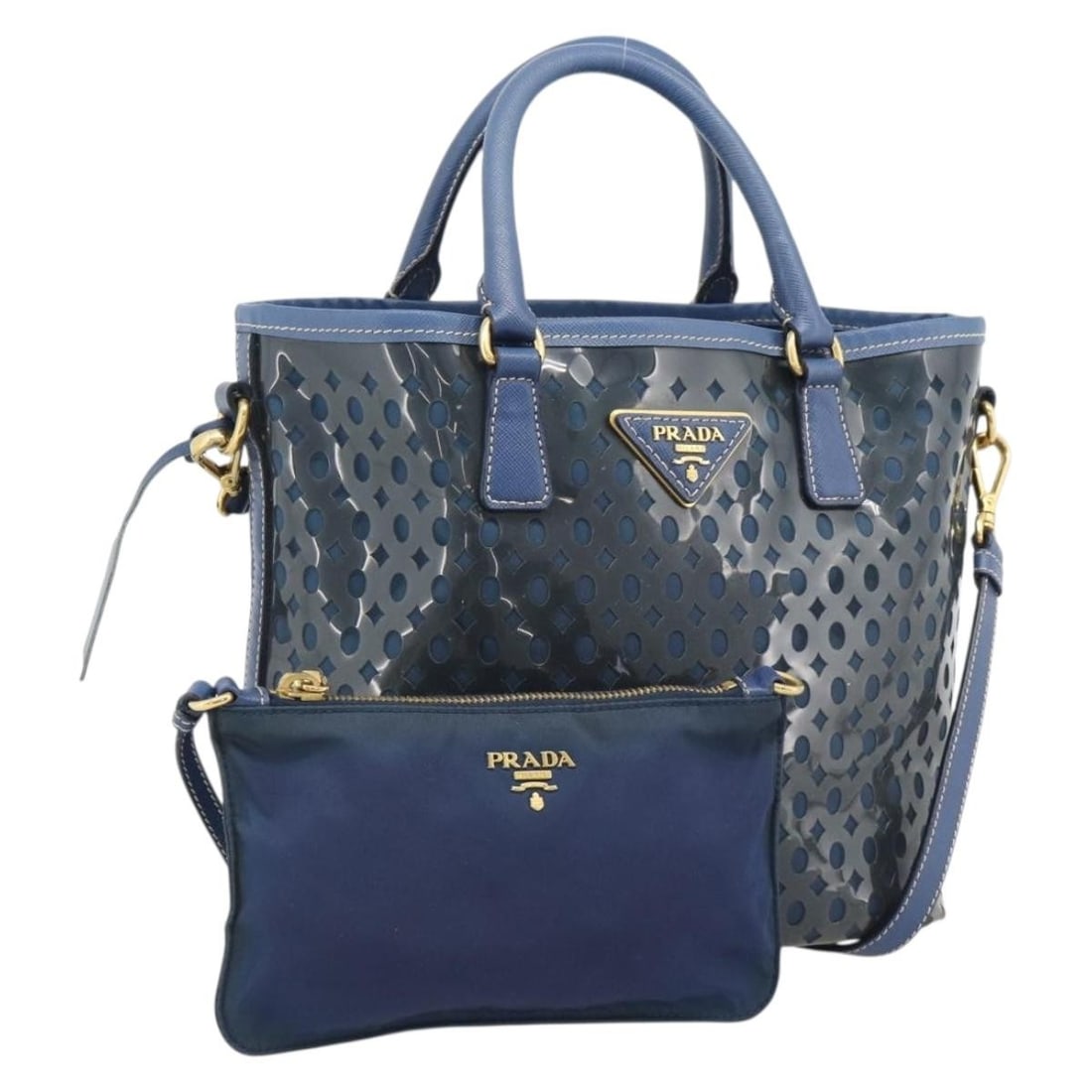 Prada Blue Vinyl 2way Handbag with Shoulder Strap and Pouch: Prada Blue Vinyl 2way Handbag with Shoulder Strap and Pouch PRADA vinyl 2way handbag in blue and gold, made in Italy. It comes with a shoulder strap and pouch. The item is heavily used and shows visib