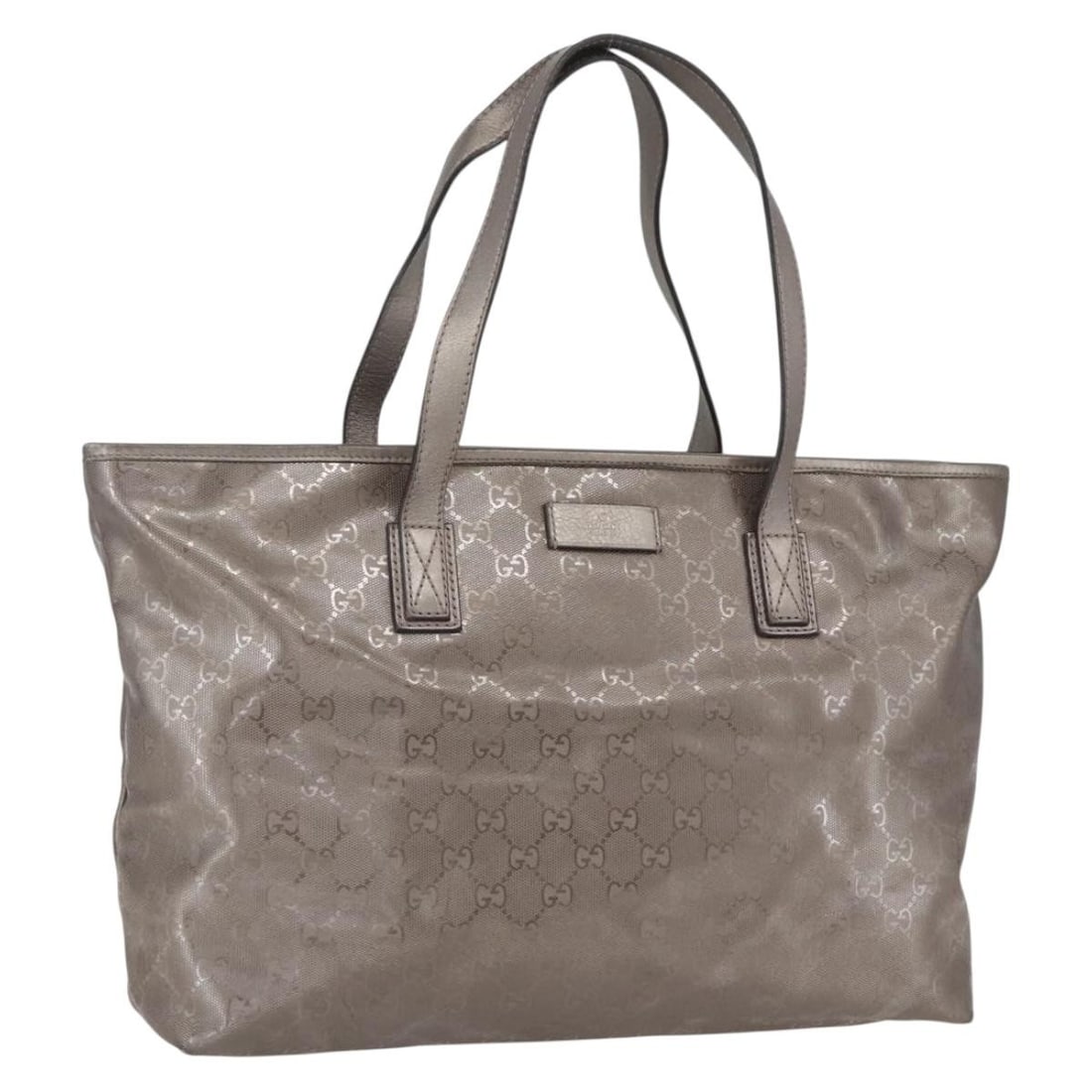 Silver PVC GG Canvas Tote by Gucci Model 211137 from Italy: Silver PVC GG Canvas Tote by Gucci Model 211137 from Italy This GUCCI GG Implementation Tote Bag features a silver PVC leather and GG canvas exterior, offering durability and signature style. The bag 