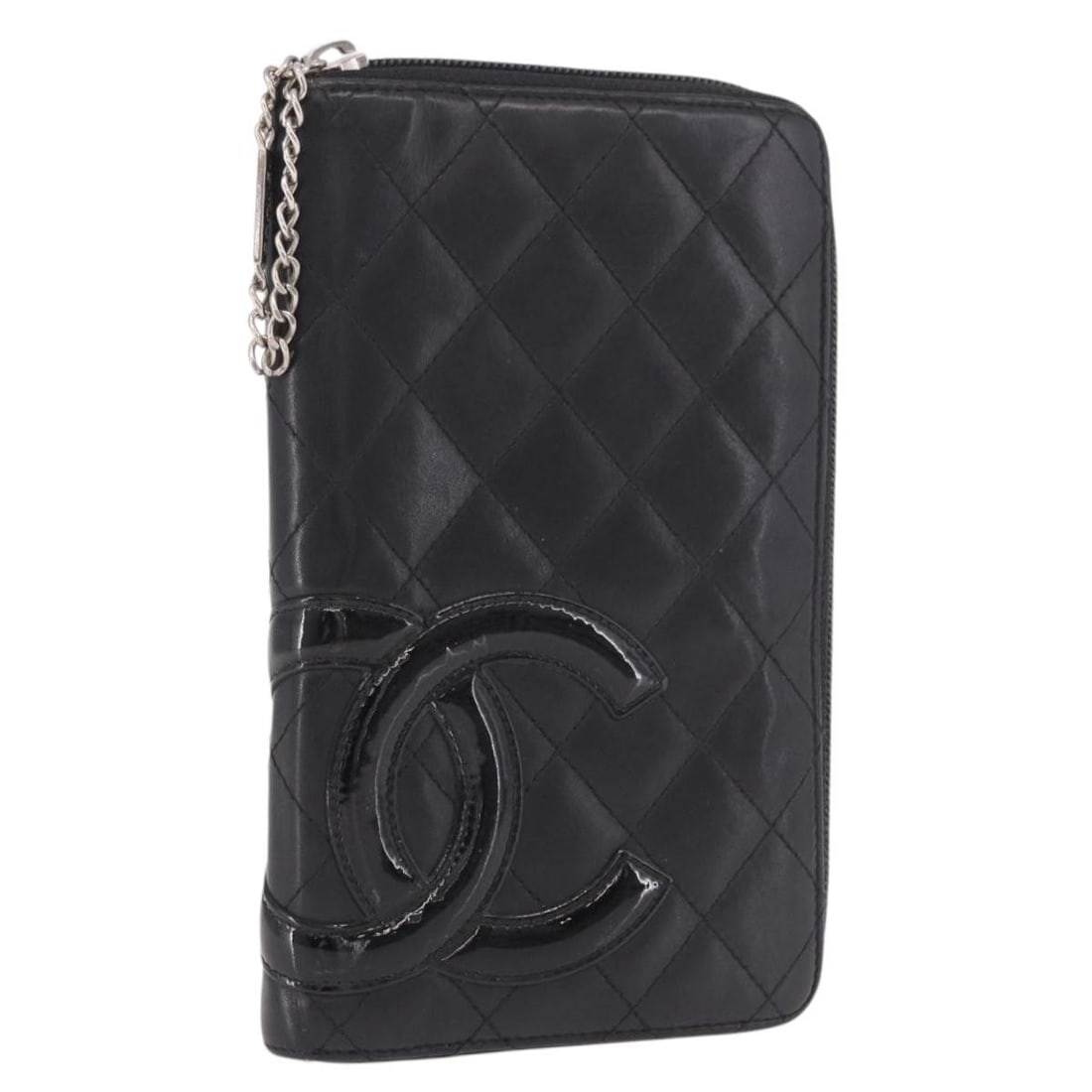 CHANEL Cambon Line lambskin long wallet black CC: CHANEL Cambon Line lambskin long wallet black CC Black CHANEL long wallet in lamb skin, made in Italy. The wallet measures approximately W18 cm x H10 cm x D1.5 cm (W7.1 x H3.9 x D0.6 inch). Condition 