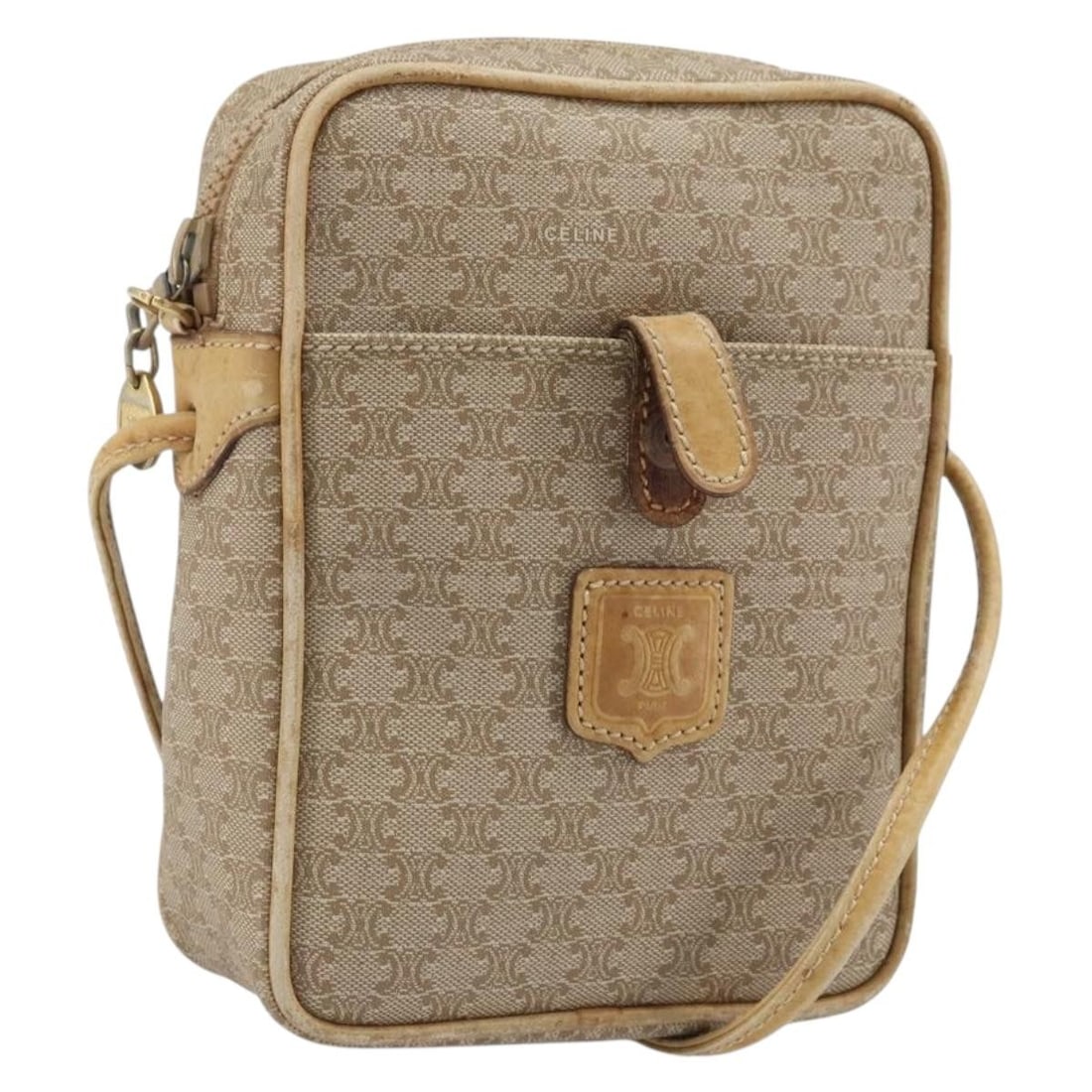 Celine Beige Macadam PVC Leather Shoulder Bag Gold Tone Hardware Italy: Celine Beige Macadam PVC Leather Shoulder Bag Gold Tone Hardware Italy This is a Celine Macadam Canvas shoulder bag crafted from beige PVC leather with gold-tone accents. Designed for women, it featur