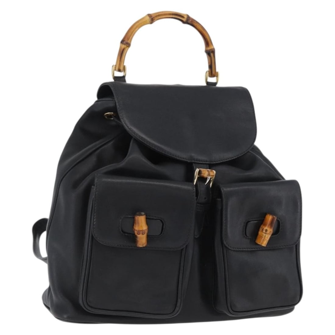 Black Leather Bamboo Backpack by Gucci Gold Hardware 003 2058 0016: Black Leather Bamboo Backpack by Gucci Gold Hardware 003 2058 0016 This is a GUCCI Bamboo Backpack crafted from black leather with gold-tone accents. Designed for women, this Italian-made backpack fea