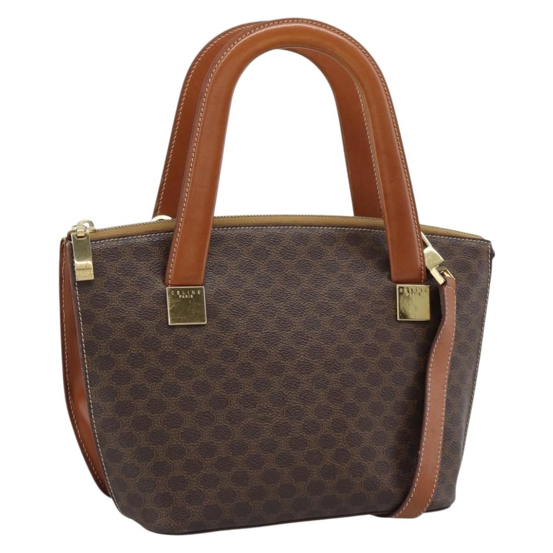 CELINE Macadam 2way Brown PVC Leather Handbag with Shoulder Strap: CELINE Macadam 2way Brown PVC Leather Handbag with Shoulder Strap Celine hand bag in brown with a gold tone finish, made from PVC leather and Macadam canvas. It features a 2-way design and includes a 