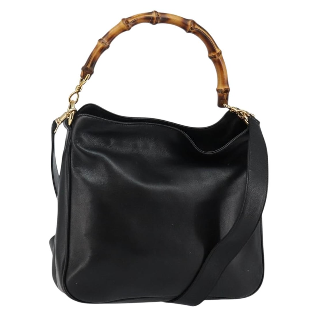 GUCCI Bamboo Leather Hand Bag Black Gold 2-Way Auth 001 1638: GUCCI Bamboo Leather Hand Bag Black Gold 2-Way Auth 001 1638 Introducing the exquisite GUCCI Bamboo Hand Bag, crafted from premium black leather with elegant gold accents. This stylish 2-way handbag, 