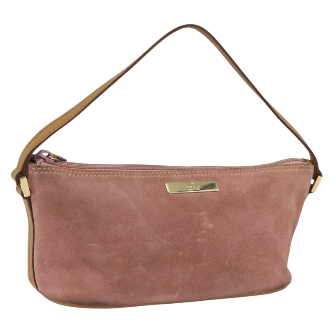 Gucci 039 1103 suede accessory pouch in pink gold: Gucci 039 1103 suede accessory pouch in pink gold Gucci accessory pouch in pink and gold suede. This women's pouch is made in Italy and shows heavy use, including loss of shape, rubbing, stains, scrat