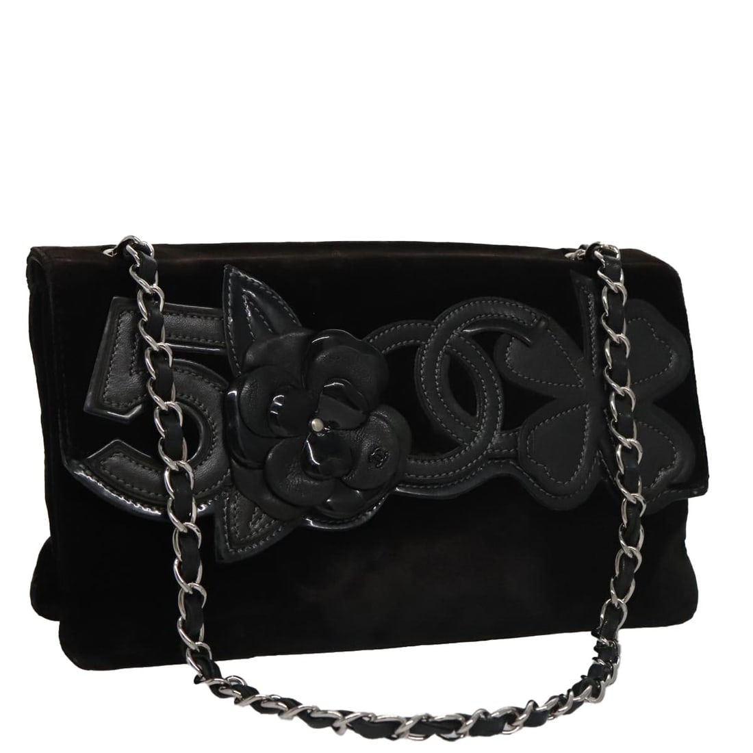 CHANEL Camelia Velor Shoulder Bag Black Silver Chain CC (1 of 18)