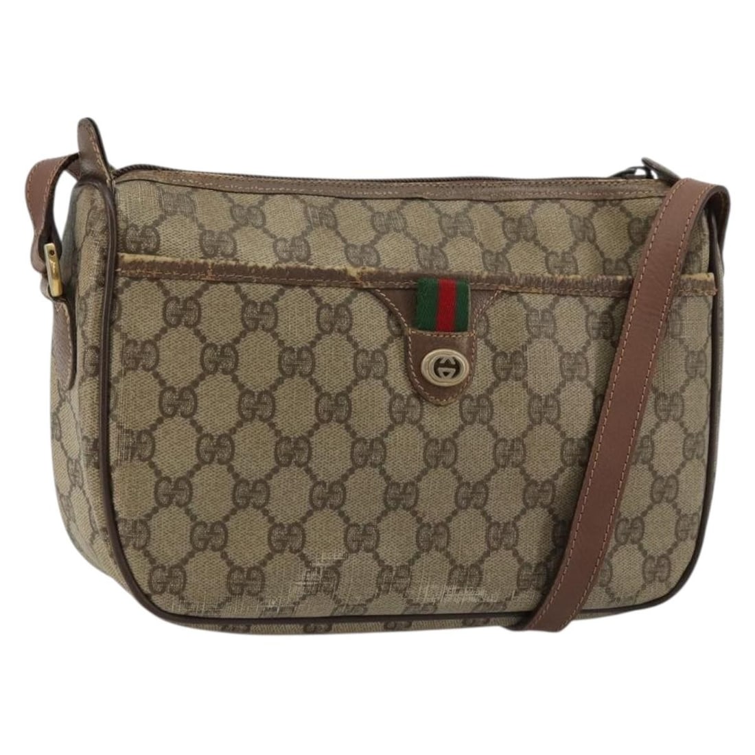 Gucci Sherry Line GG Supreme PVC Shoulder Bag Beige Gold 89 02 077: Gucci Sherry Line GG Supreme PVC Shoulder Bag Beige Gold 89 02 077 Gucci GG Supreme Web Sherry Line shoulder bag in beige and gold, made from PVC leather and GG canvas. Made in Italy, this bag measure