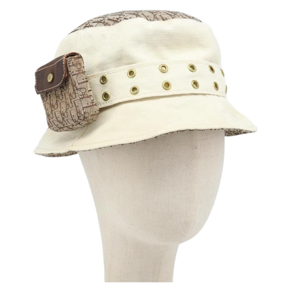 Beige Gold Trotter Canvas Hat by Christian Dior Galliano Era with Pouch: Beige Gold Trotter Canvas Hat by Christian Dior Galliano Era with Pouch This Christian Dior women's hat features the signature Trotter canvas in beige and gold tones, attributed to the Galliano period
