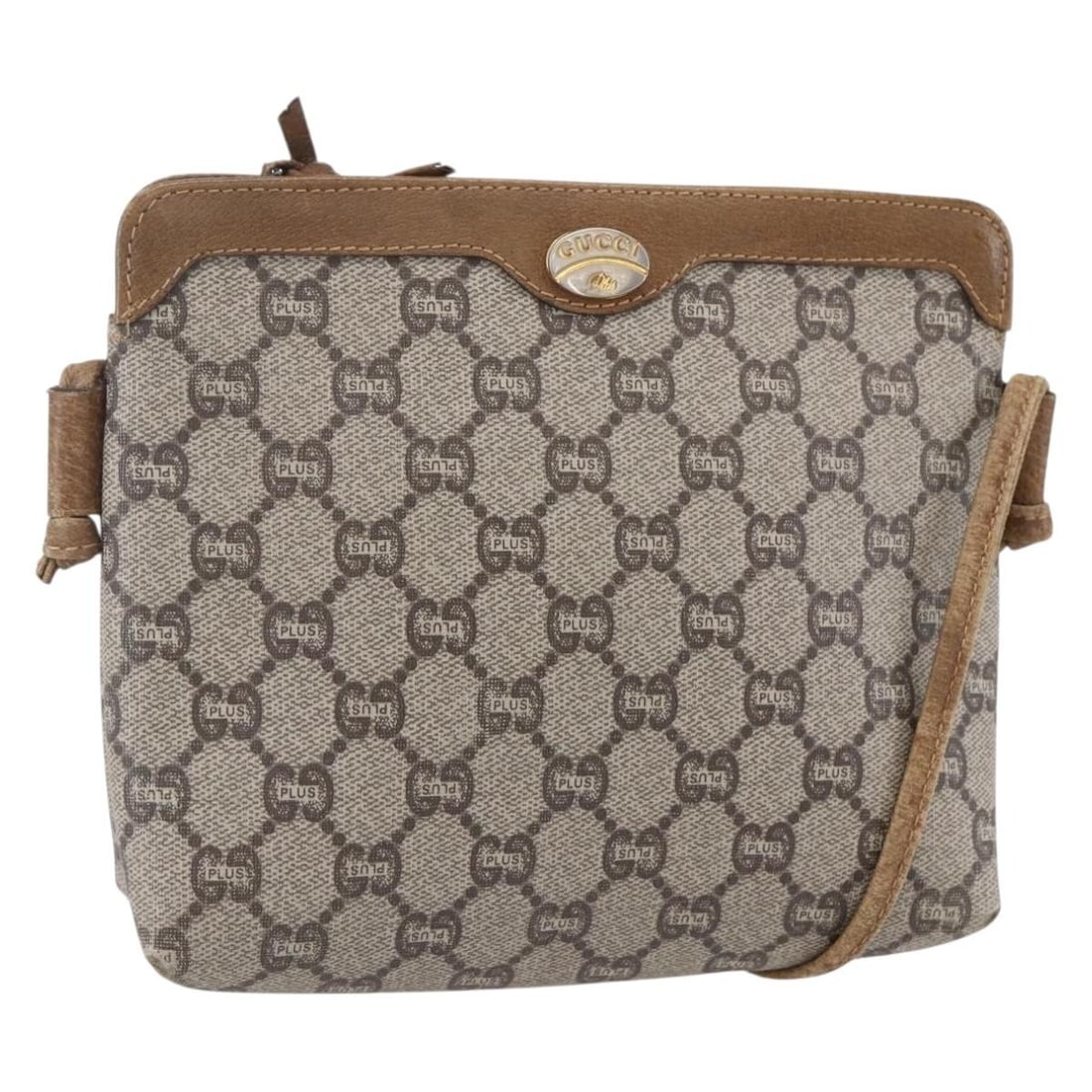 GUCCI GG Plus Supreme Beige Gold Shoulder Bag PVC Leather Italy: GUCCI GG Plus Supreme Beige Gold Shoulder Bag PVC Leather Italy Elevate your style with this authentic GUCCI GG Plus Supreme Shoulder Bag, crafted in Italy from durable PVC leather. This chic shoulder