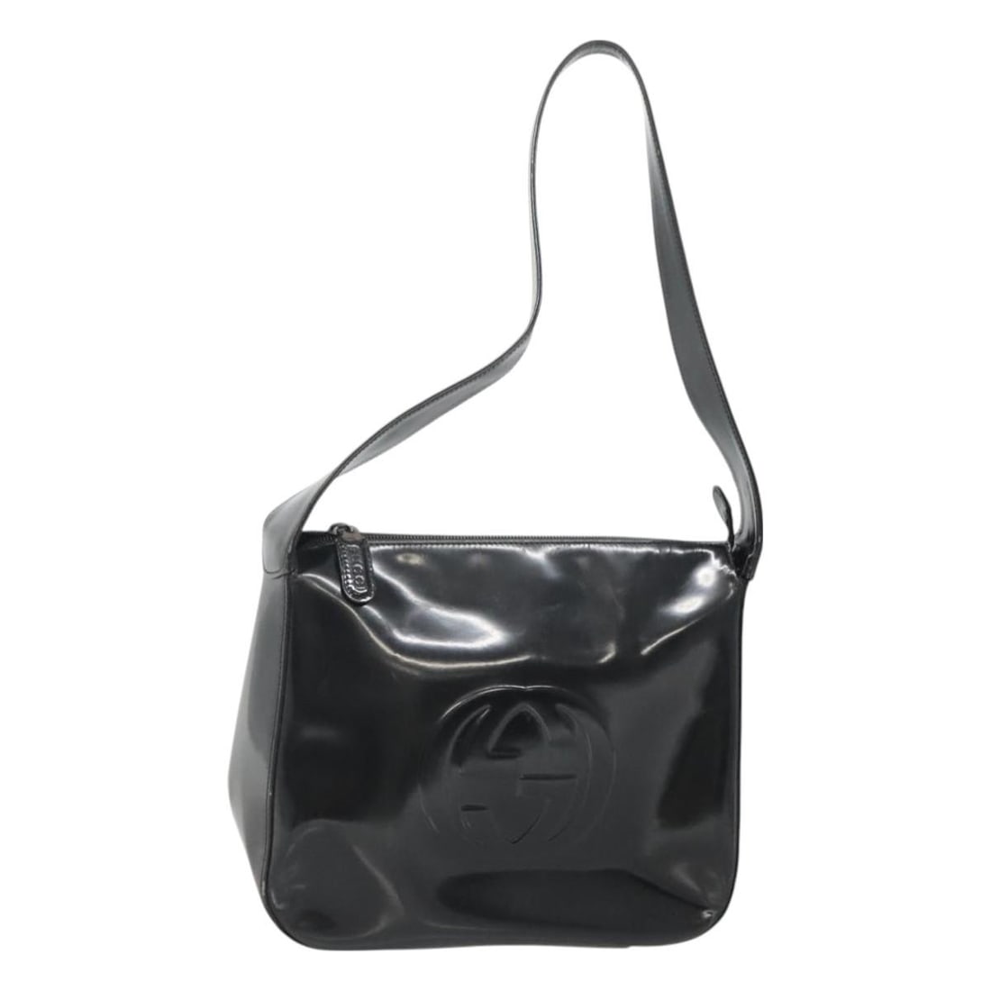 GUCCI Black Enamel Shoulder Bag 001 3754 1703 Italy Auth: GUCCI Black Enamel Shoulder Bag 001 3754 1703 Italy Auth This authentic GUCCI shoulder bag is a chic accessory originating from Italy. Crafted from high-quality enamel, it features a sleek black exter