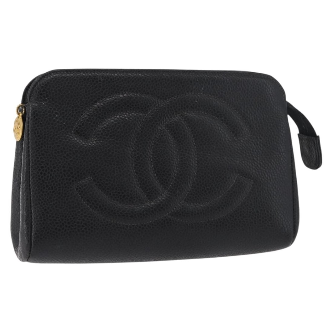 CHANEL Caviar Skin Pouch Black with Gold CC: CHANEL Caviar Skin Pouch Black with Gold CC Chanel pouch in black caviar skin with gold-tone CC detailing. Made in France, this women's pouch is offered in heavily used condition with visible wear thr